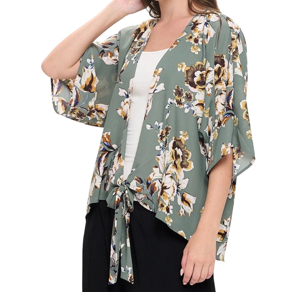 West Kei Kimono Wrap Top Womens Size S Green‎ Floral Tie Front Short Sleeve